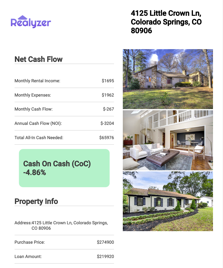 Realyzer rental property calculator PDF page 1 cash on cash return net cash flow