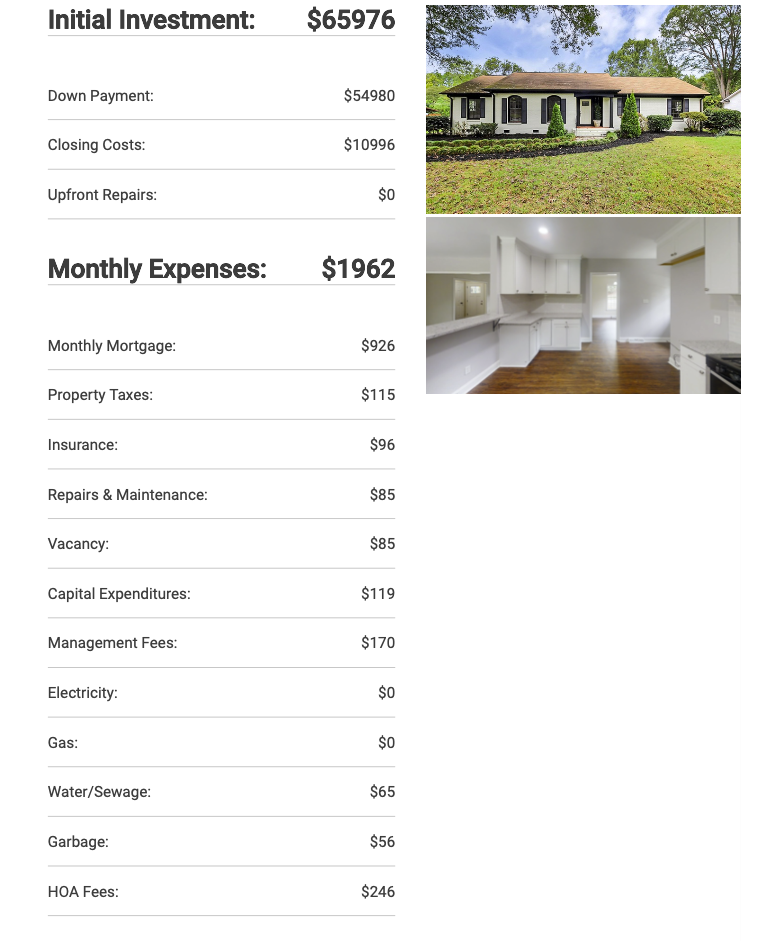 Realyzer rental property calculator PDF page 2 monthly expenses down payment closing costs