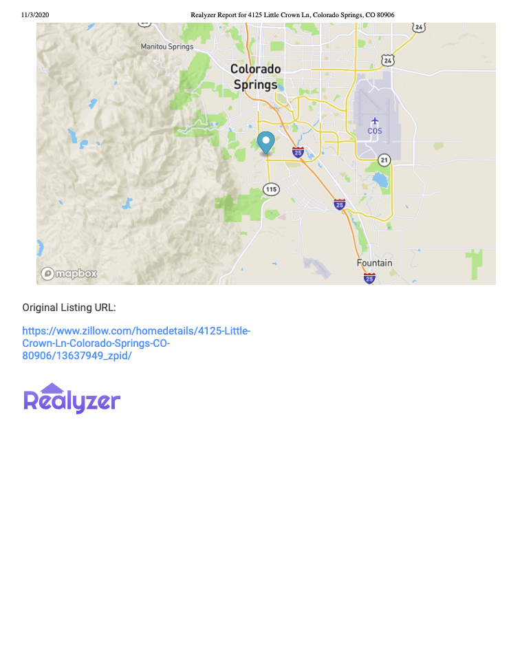 Realyzer rental property calculator PDF page 3 mapbox api zillow redfin map marker